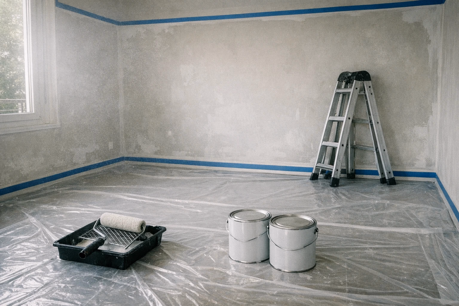 Chantier d'appartement genevois en cours — sol protégé, masquage net aux plinthes et angles, escabeau et matériel rangés : la discipline d'atelier Renovhome