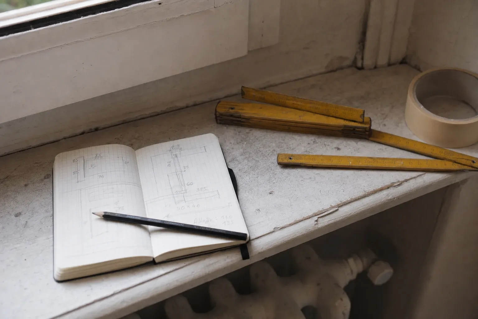 Mètre pliant, carnet de cotes et crayon de chantier posés sur l’appui de fenêtre d’un appartement ancien — relevé des surfaces avant devis de peinture à Genève