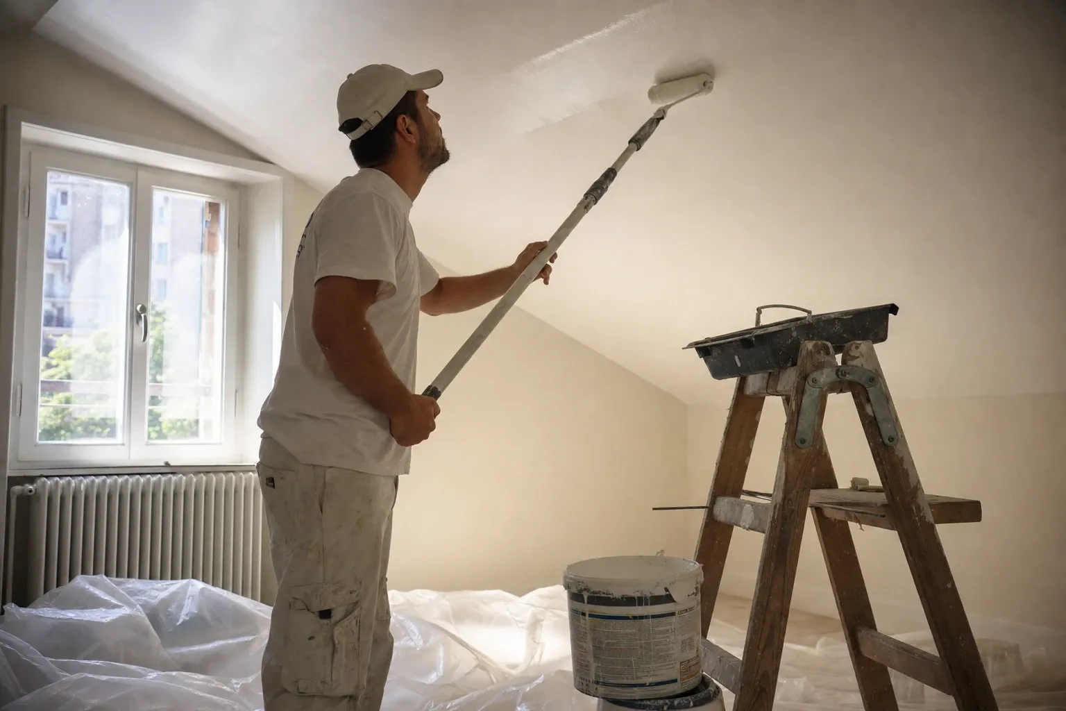 Peintre appliquant une peinture blanche au rouleau sur perche sur le plafond d’une chambre mansardée, sol protégé par des bâches