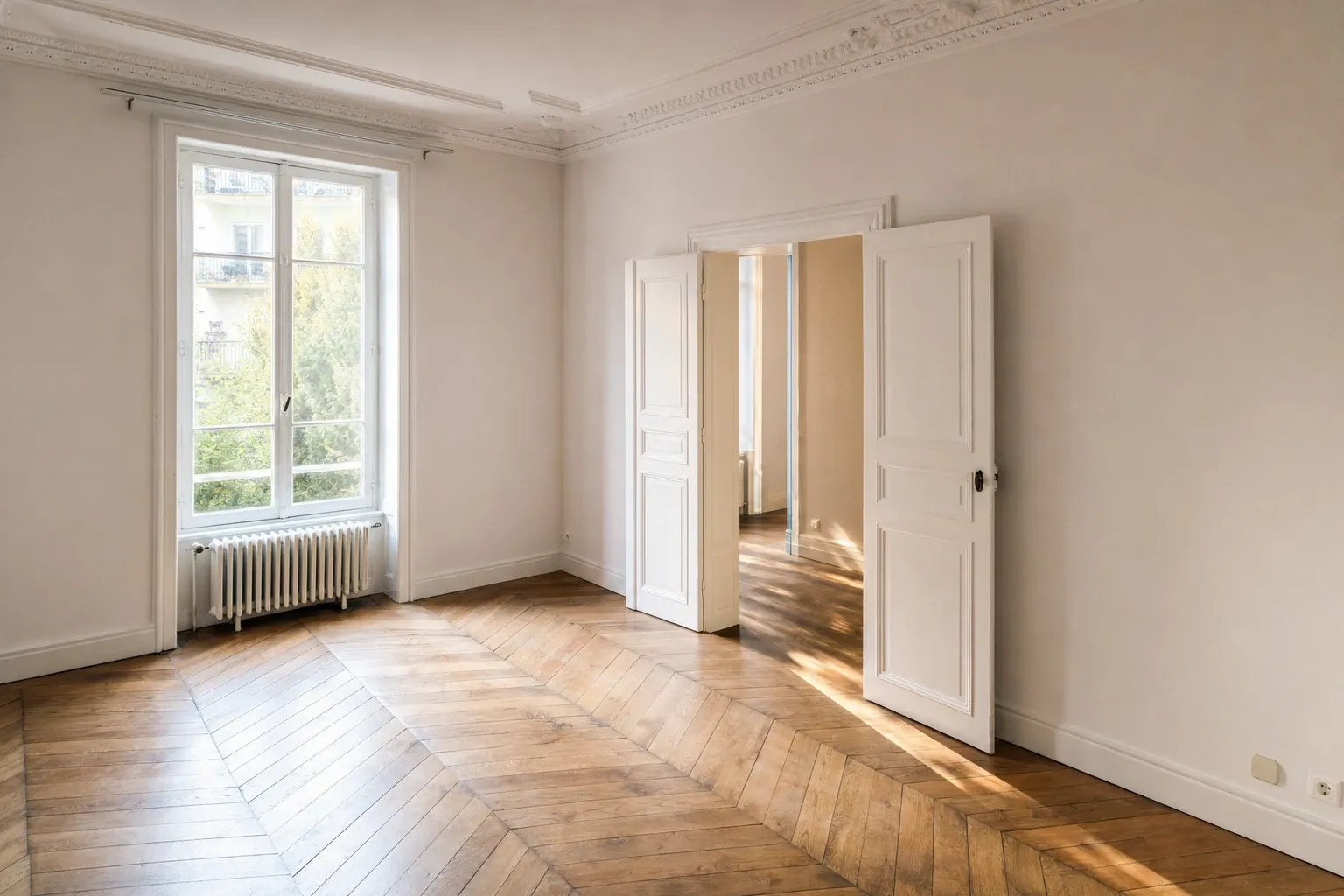 Séjour bourgeois genevois fraîchement repeint en blanc, moulures et parquet en point de Hongrie, prêt à relouer — entreprise de peinture à Genève