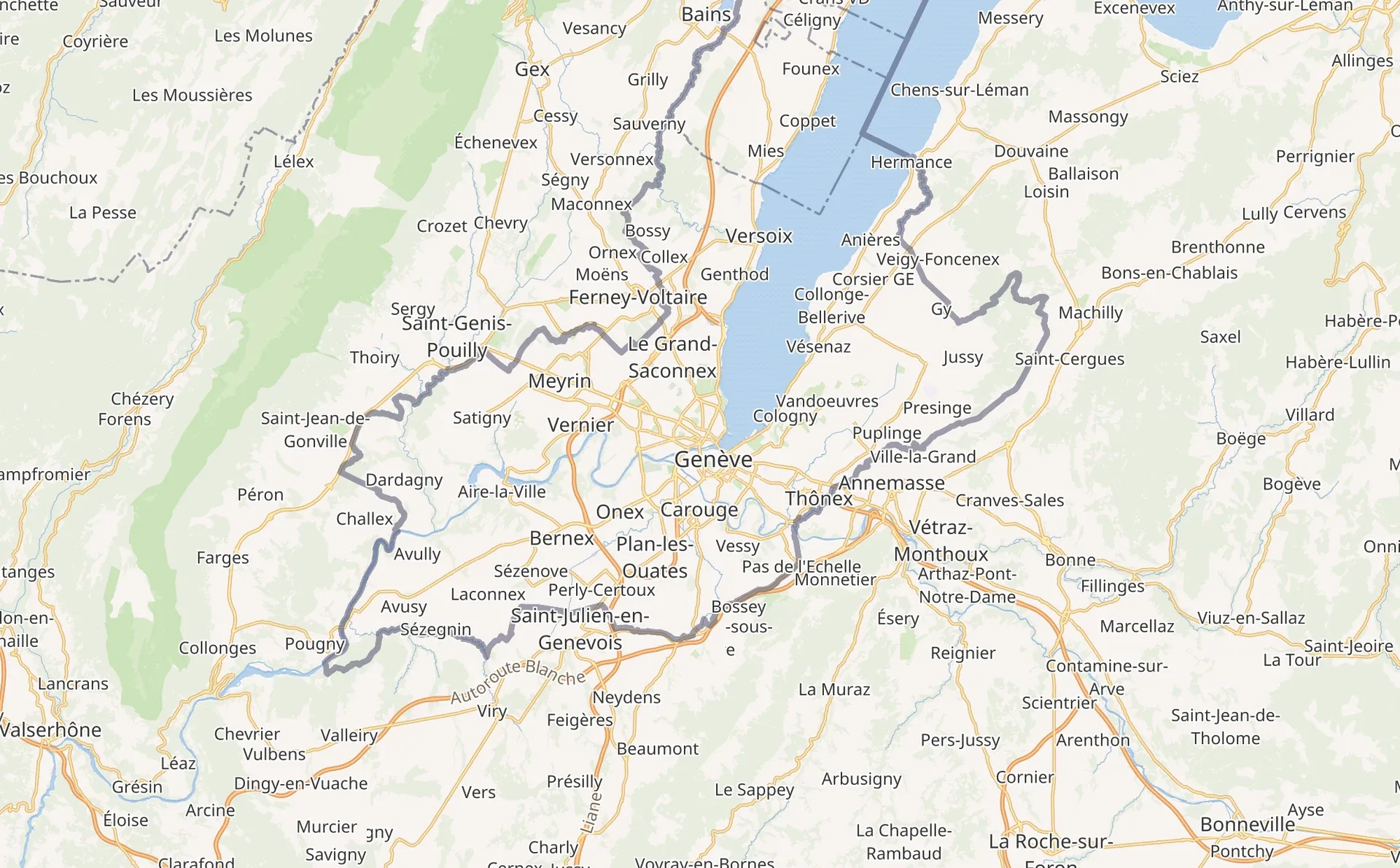 Carte du canton de Genève — zone d’intervention de Renovhome SA, de la rive gauche à la rive droite et jusqu’aux communes périphériques.