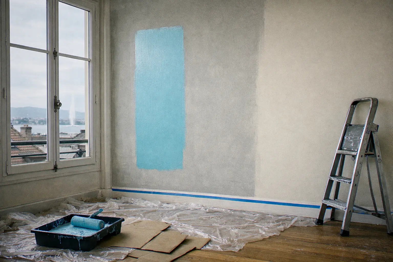 Pièce d'appartement genevois en préparation : essais de teintes appliqués au rouleau sur le mur rebouché et poncé, bâche au sol, bac à peinture, lumière de fin de journée et toits de Genève par la fenêtre