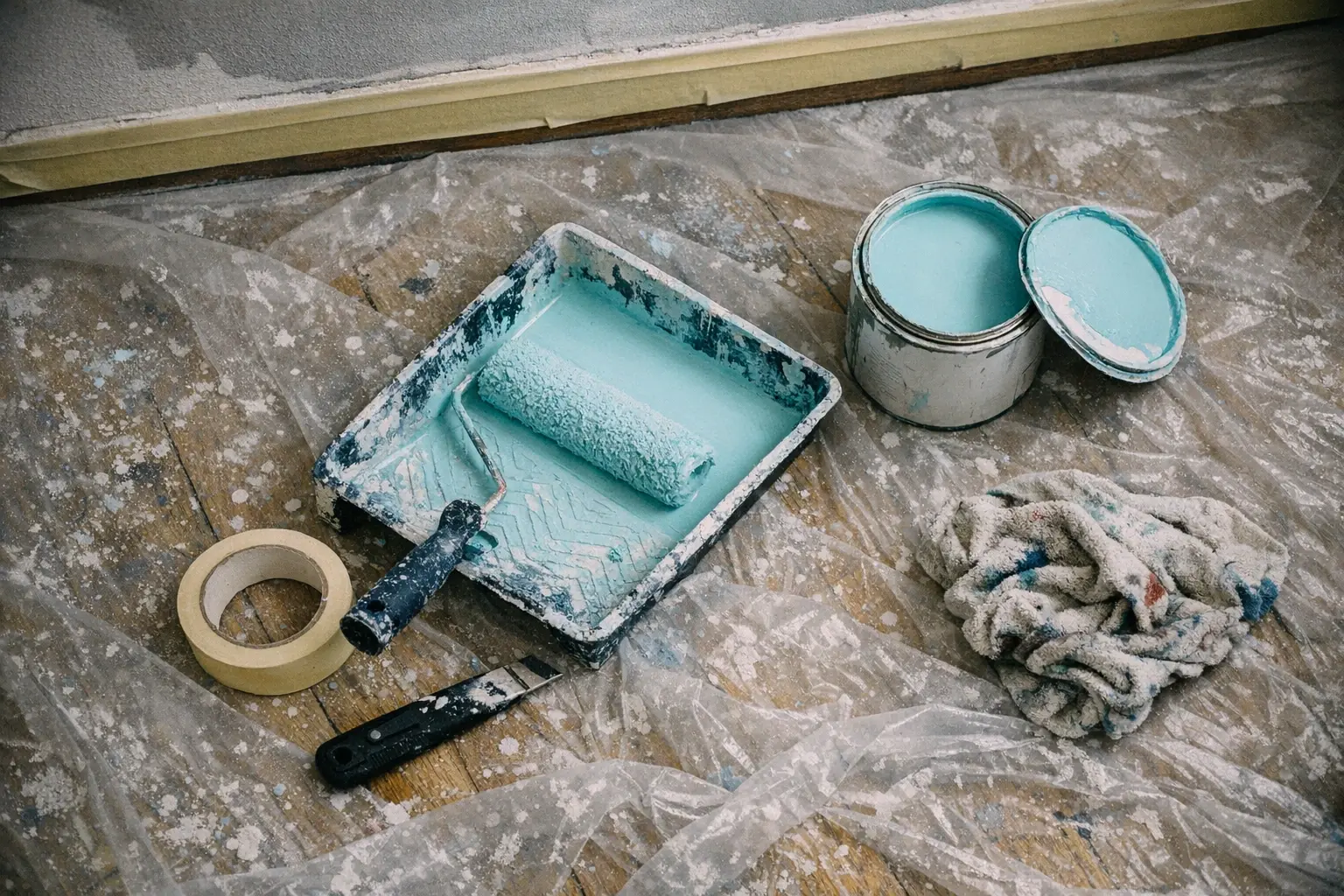 Pause sur un chantier de peinture : bac et rouleau chargés de peinture cyan posés sur une bâche plastique constellée de gouttes séchées, pot ouvert, ruban de masquage et chiffon, plinthe protégée en haut du cadre