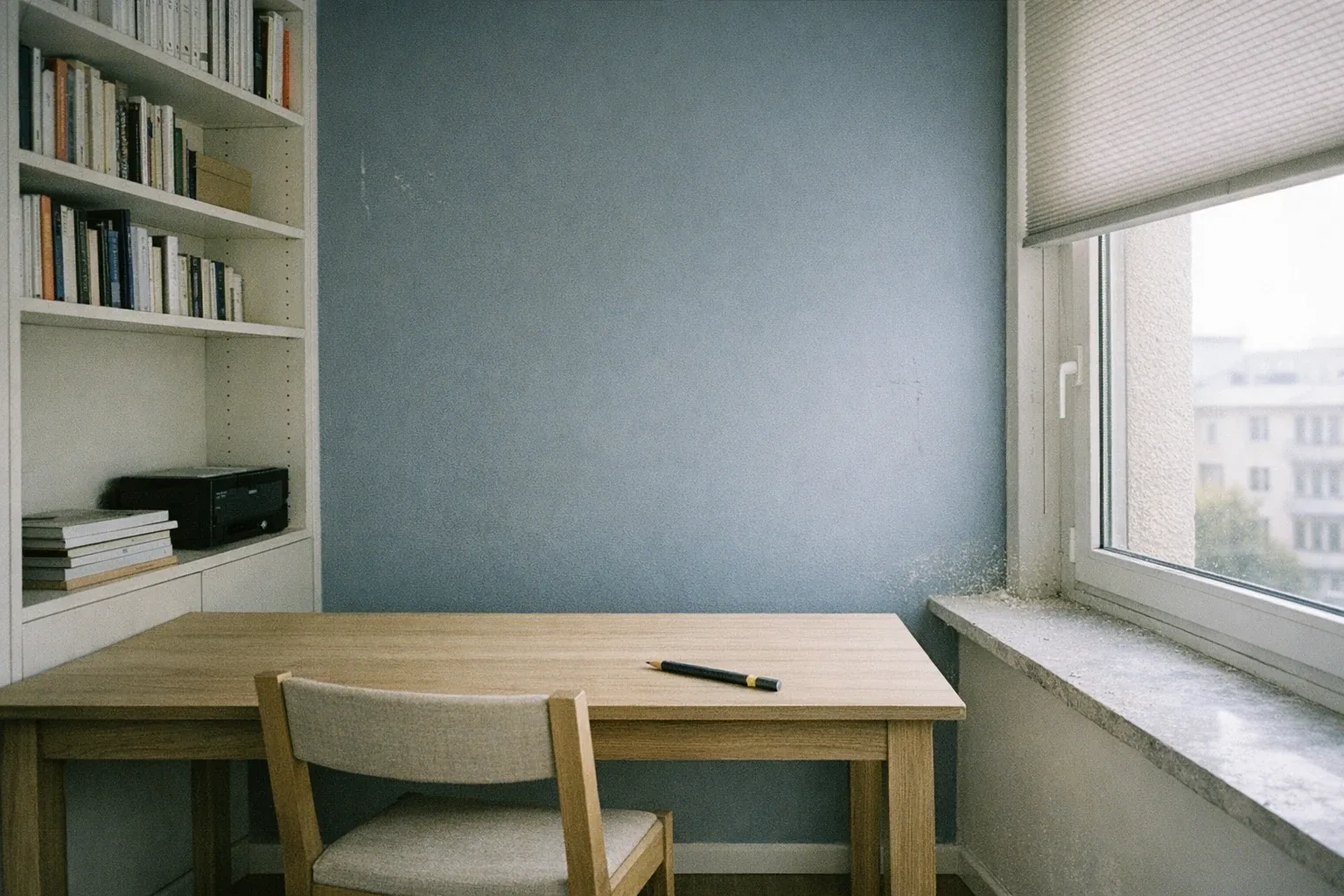 Coin bureau repeint, mur du fond bleu-gris ardoise mat, bibliothèque intégrée en émail blanc cassé