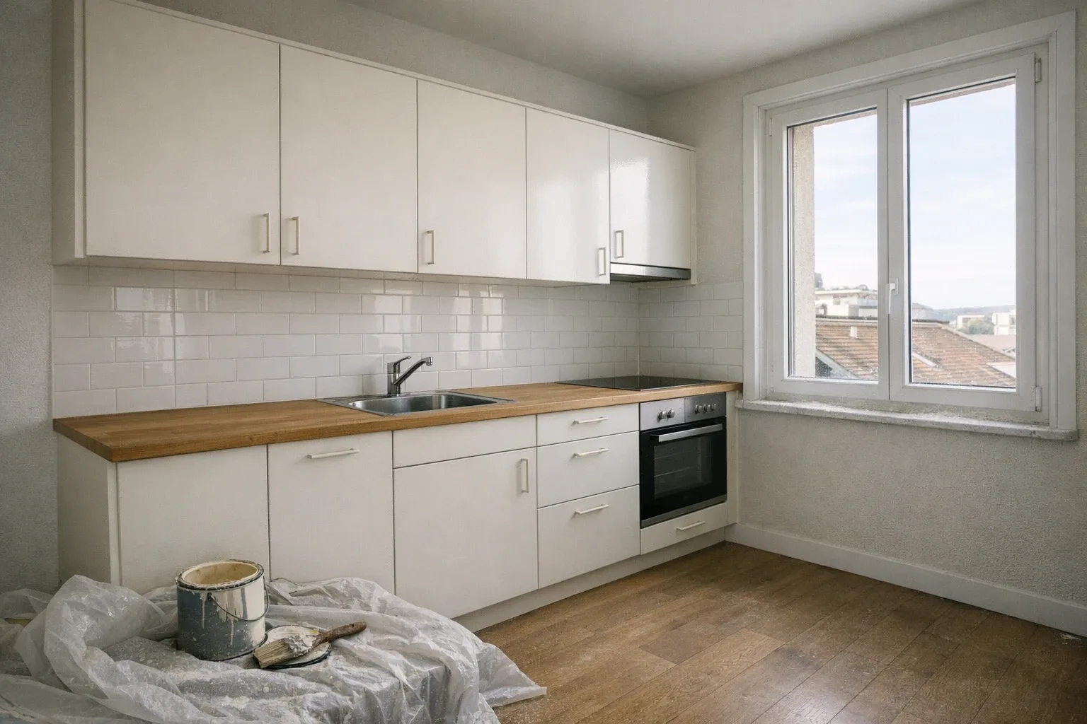 Cuisine d’appartement repeinte, façades de meubles en émail satiné blanc cassé et murs gris clair