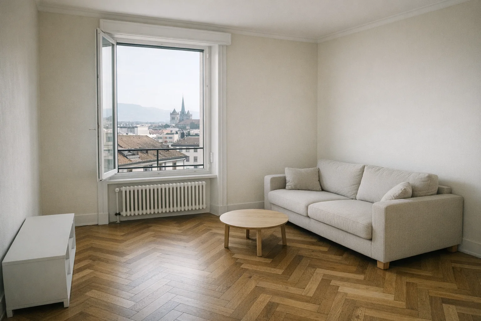 Séjour d'appartement remis à neuf entre deux locataires, murs clairs fraîchement repeints, parquet et lumière naturelle