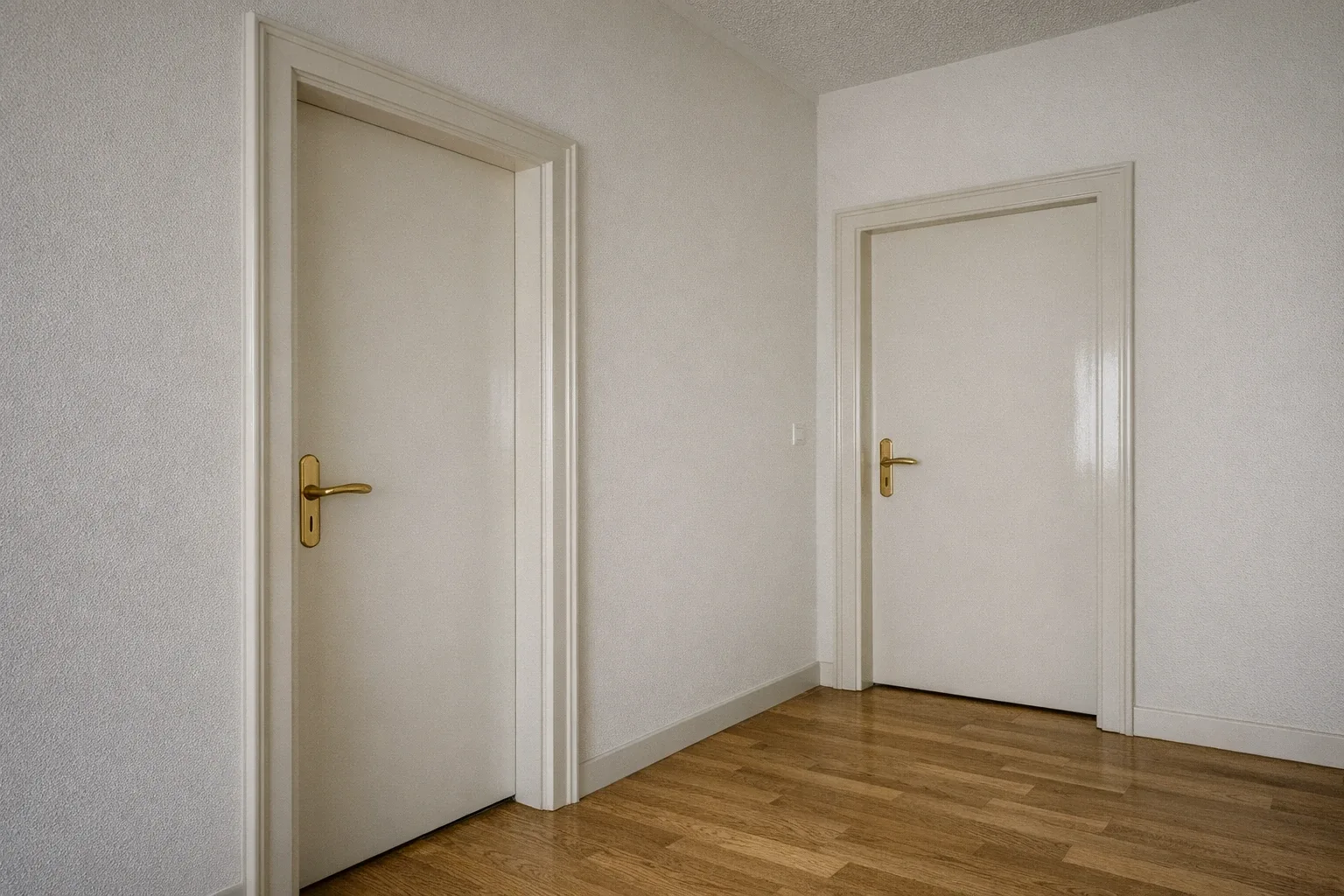 Portes intérieures et chambranles repeints en émail laqué satiné blanc cassé, couloir clair, poignées laiton
