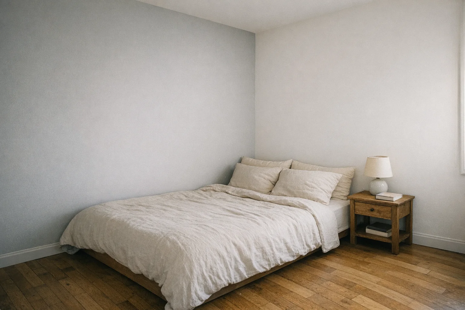 Pièce de vie rafraîchie aux murs gris perle doux et parquet bois