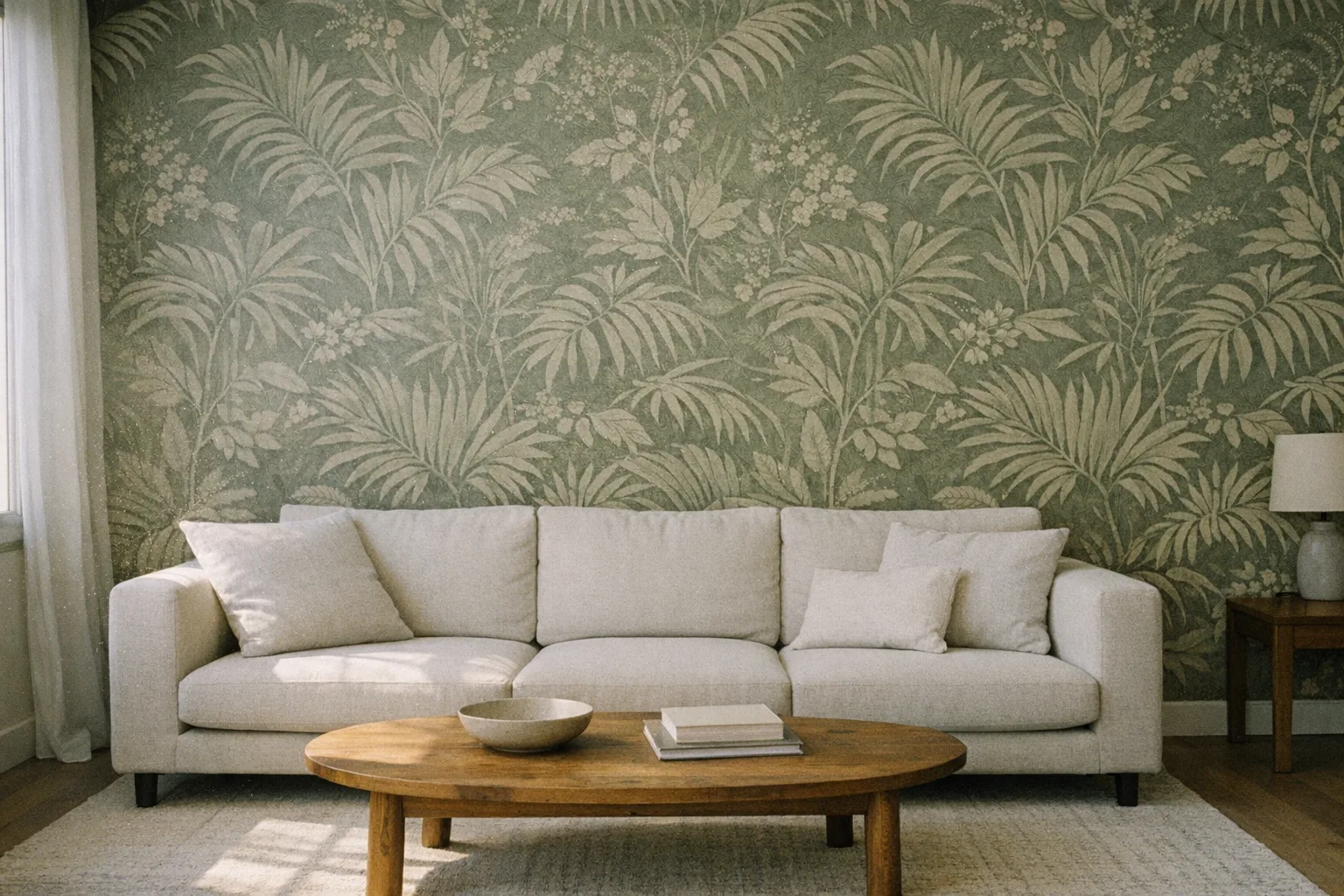 Mur d'accent salon avec papier peint intissé motif végétal vert sauge