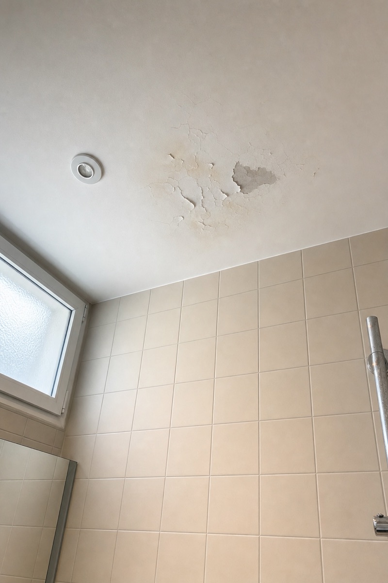 À l'arrivée sur le chantier : plafond de salle de bains dont la peinture s'écaille par plaques au-dessus de la douche, plâtre apparent et fissures, spot éteint.