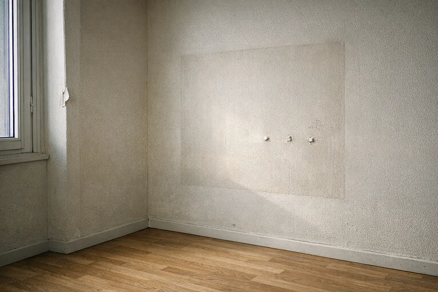 Lumière rasante sur un mur d'appartement vide à Genève : rectangle plus clair d'un ancien meuble, petits trous de chevilles et écaillure près de l'embrasure, lors d'un état des lieux de sortie.
