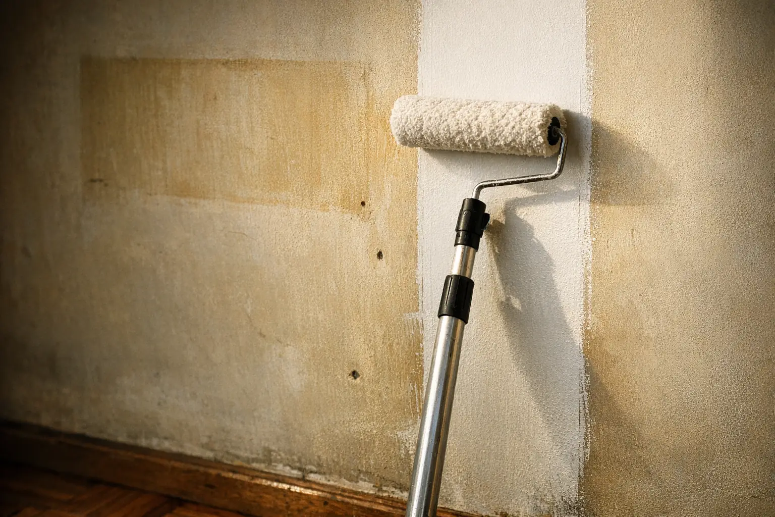 Gros plan : un rouleau passe une bande de peinture blanche fraîche sur un mur d'appartement jauni et marqué par un ancien meuble, en fin de bail à Genève.