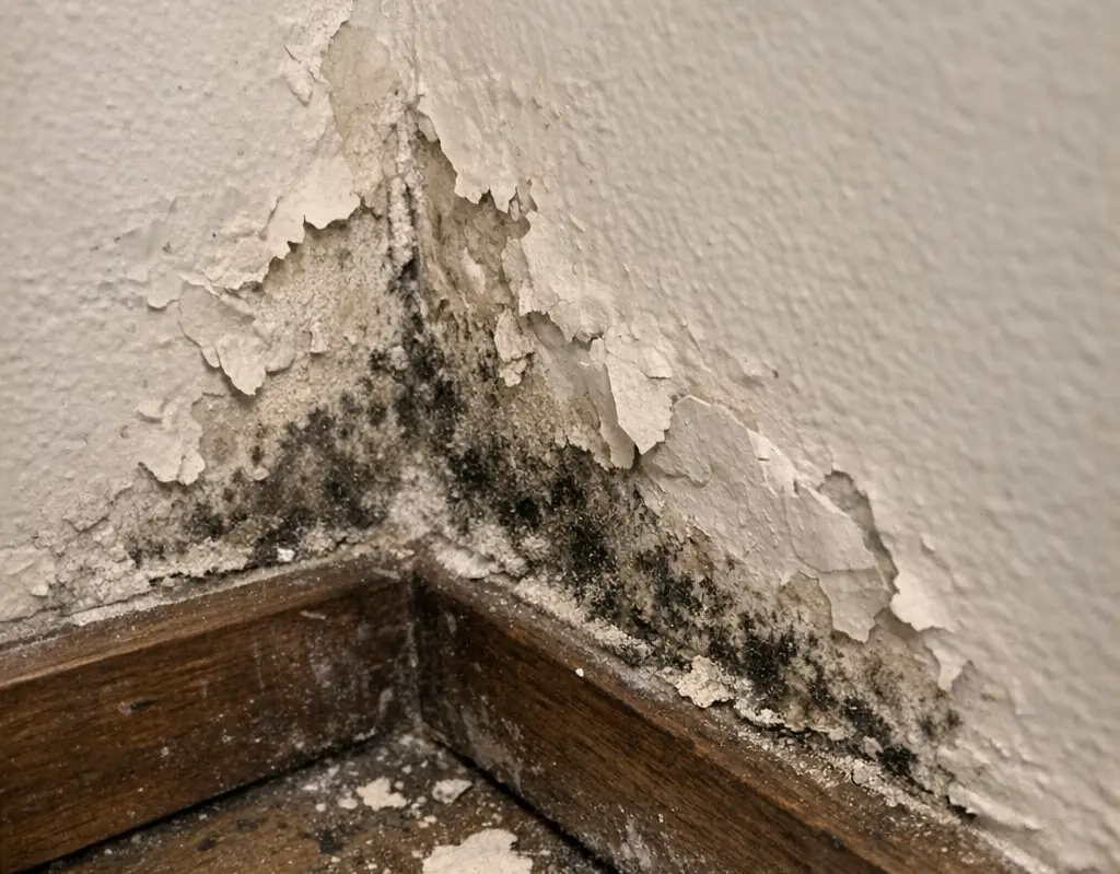 Angle bas d'un mur d'appartement genevois marqué de moisissure noire et de peinture qui cloque près de la plinthe, en lumière naturelle.
